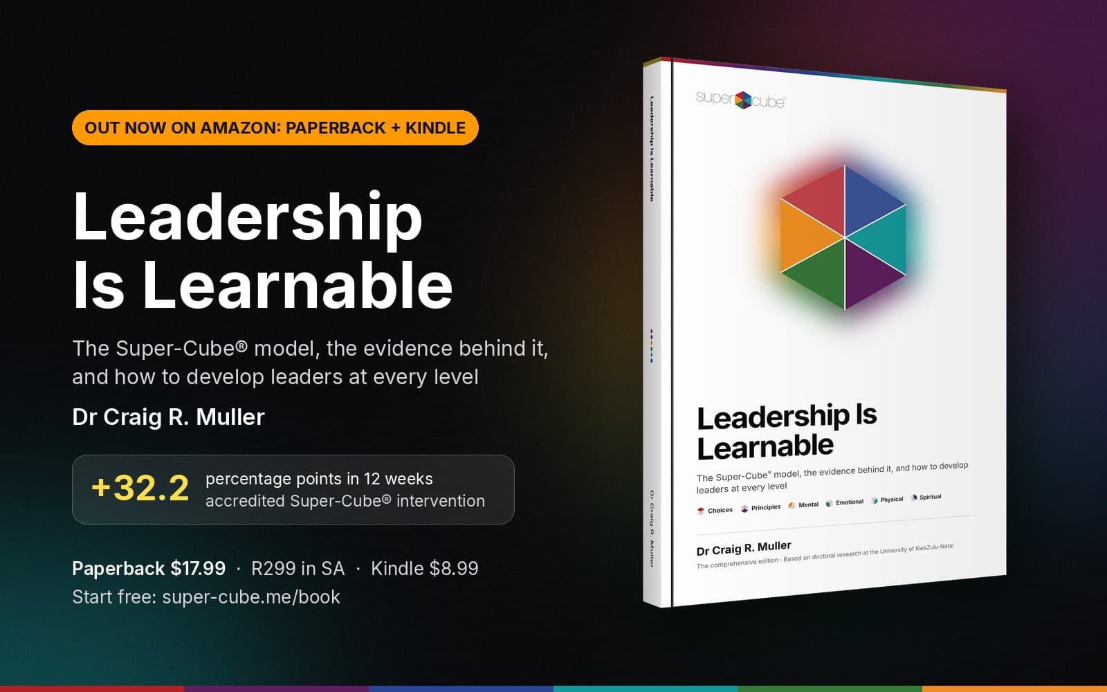 Leadership Is Learnable by Dr Craig R. Muller, out now on Amazon in paperback and Kindle: the white-covered paperback, +32.2 percentage points in 12 weeks, paperback $17.99 or R299 in South Africa, Kindle e-book $8.99